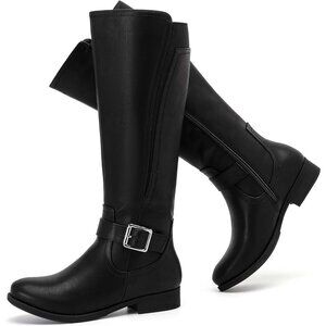 Women's Leather Black Knee High Flat Tall Zipped Round Toe Winter Casual Boot
